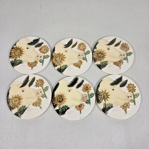 Vintage‎ Ceramic Pig and Sunflower Coasters Set Of 6 Rustic Farm Tiles Cottage